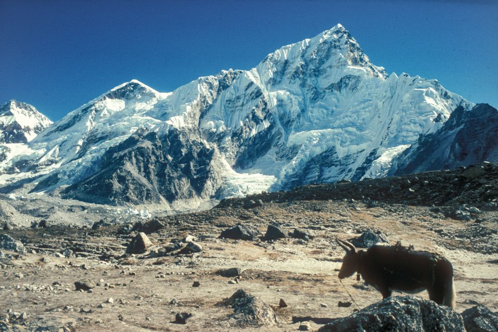 En montant vers Gorak Shep ; à g. le Changtse (7543 m), puis l'épaule W de l'Everest, et le Nuptse (7732 m)