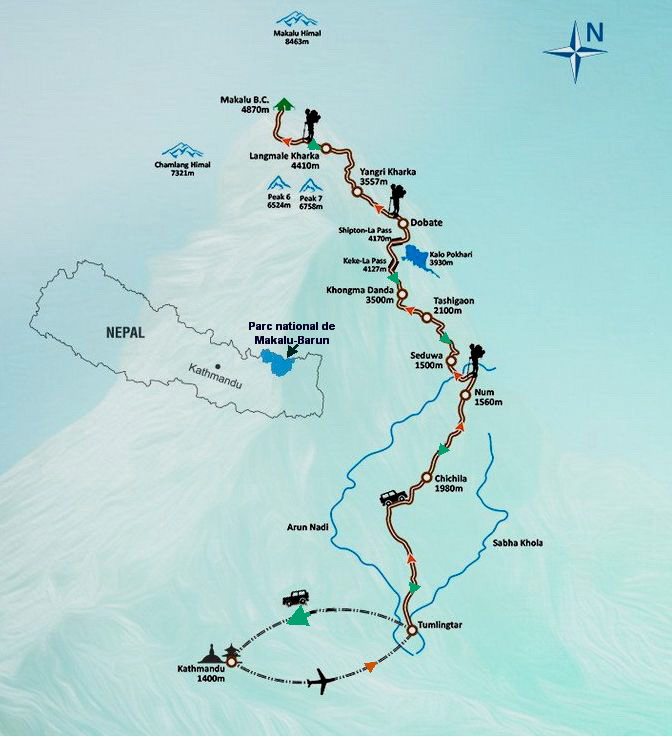 Carte de notre trek jusqu'au camp de base du Makalu