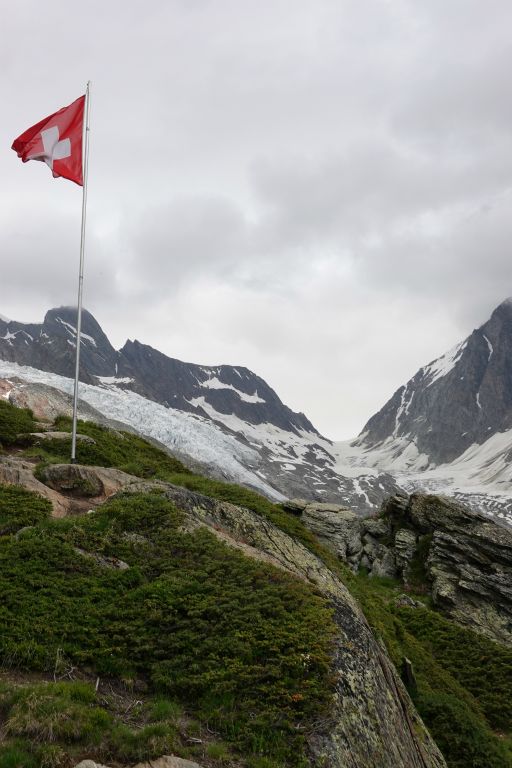  Avec un oeil très exercé, on peut voir le refuge Hollandiahütte à 3154 m ( sur le 1er replat à gauche du col)