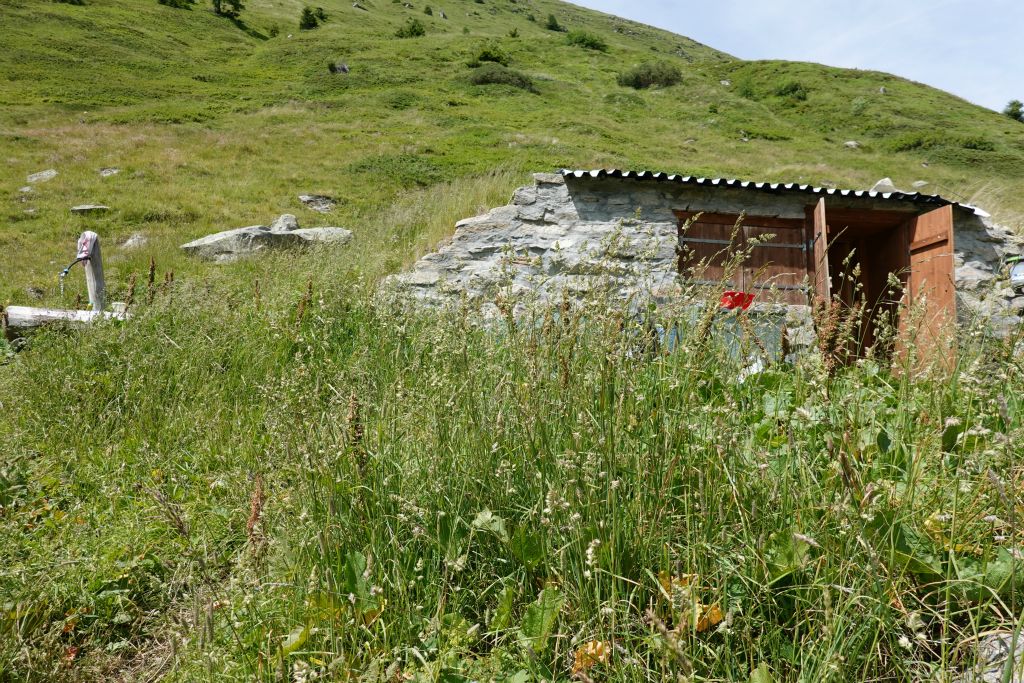 Arrivée à Z'Mübach, début d'une zone réservée aux troupeaux. Ici l'abri du berger ; il nous indique où bivouaquer, à bonne distance de l'odorat du patou